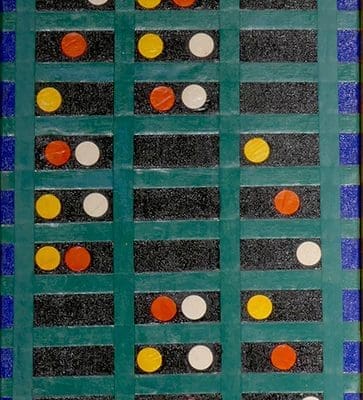 A work of art by female abstract expressionist Libbie Mark. Vertical abstract artwork with green and blue grid lines, black rectangles, and rows of red, yellow, orange, and white dots arranged in a repeating pattern.