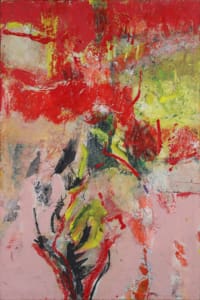 A work of art by female abstract expressionist Libbie Mark. Abstract painting featuring bold red, yellow, pink, and black brushstrokes layered with textured patches, creating a dynamic and chaotic composition.