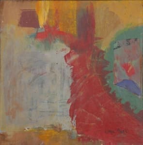 Fig. 6. Libbie Mark, Collage Painting #10 A work of art by female abstract expressionist Libbie Mark. Abstract painting with bold strokes of red, yellow, green, and blue on a textured background; artist's signature, "Libbie Marks," is visible in the bottom right corner.