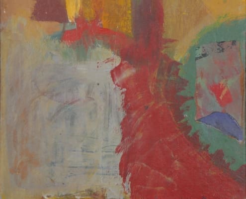 A work of art by female abstract expressionist Libbie Mark. Abstract painting with bold strokes of red, yellow, green, and blue on a textured background; artist's signature, "Libbie Marks," is visible in the bottom right corner.