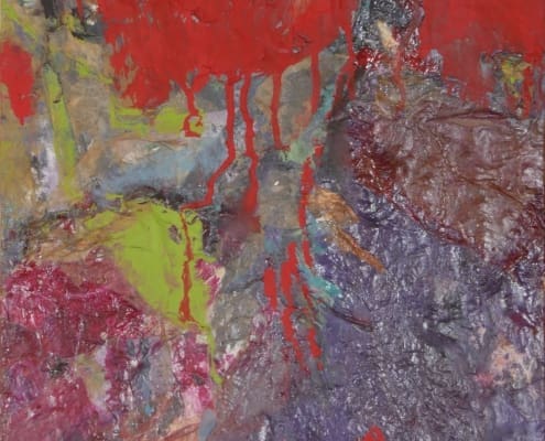 A work of art by female abstract expressionist Libbie Mark. Abstract painting with bold red, purple, and green brushstrokes and textured surfaces, featuring dripping red paint in the center.