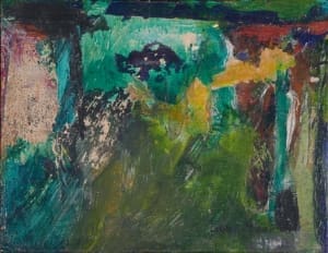 Fig. 10. Libbie Mark, Collage Painting #31 A work of art by female abstract expressionist Libbie Mark. Abstract painting with dominant green and teal hues, accented by patches of yellow, orange, black, and purple brushstrokes, creating a textured and layered appearance.