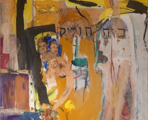 A work of art by female abstract expressionist Libbie Mark. Abstract painting with Hebrew text, fragmented human figures, bold colors, black sweeping lines, and mixed media elements including numbers and a flower at the lower center.