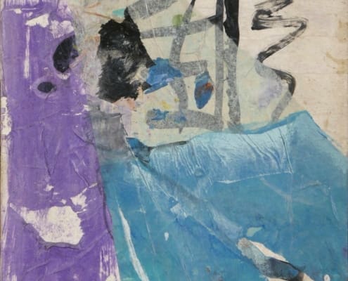 A work of art by female abstract expressionist Libbie Mark. Abstract painting with textured patches of purple, blue, and white, overlaid with black and grey brushstrokes on a light background.