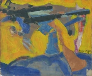 Fig. 5. Libbie Mark, Collage Painting #12 A work of art by female abstract expressionist Libbie Mark. Abstract painting of two figures in yellow aiming long black rifles upward, with vivid yellow, blue, and brown colors dominating the composition.