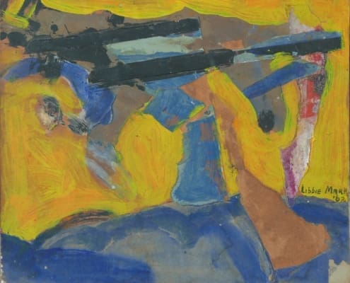 A work of art by female abstract expressionist Libbie Mark. Abstract painting of two figures in yellow aiming long black rifles upward, with vivid yellow, blue, and brown colors dominating the composition.