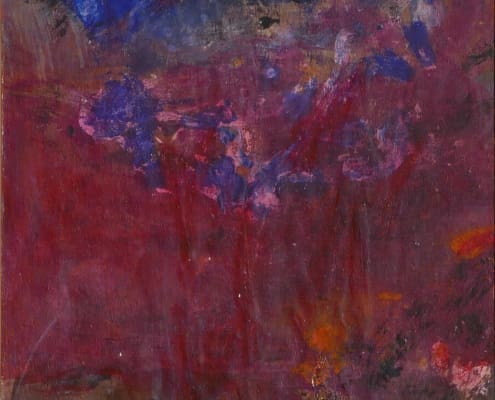 A work of art by female abstract expressionist Libbie Mark. Abstract painting featuring vivid blue, green, and red brushstrokes blended over a dark brown background with scattered orange and purple accents.