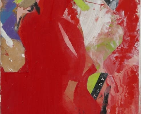 A work of art by female abstract expressionist Libbie Mark. Abstract painting featuring broad red brushstrokes, splashes of green and beige, and black diagonal lines with hints of white and purple. The composition is energetic and layered.