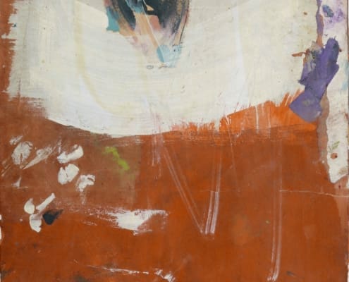 A work of art by female abstract expressionist Libbie Mark. Abstract painting with a reddish-brown background, white and pale areas, scattered brushstrokes, and hints of blue, purple, and black shapes in the top center.