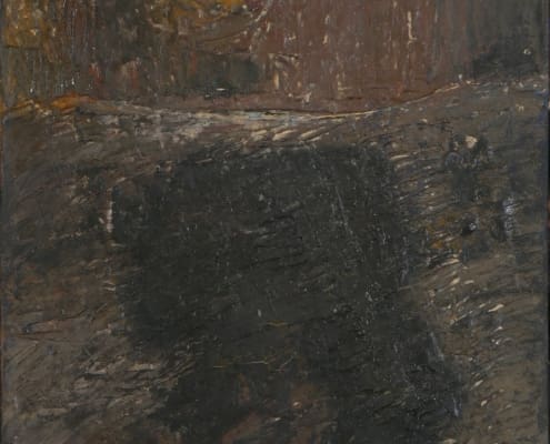 A work of art by female abstract expressionist Libbie Mark. A textured abstract painting with dark earthy tones, depicting a rough landscape and a large yellowish sun or moon in the upper center.