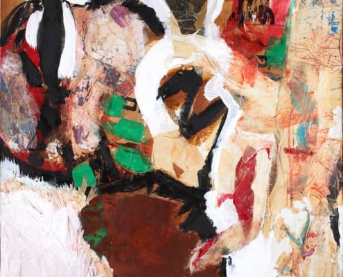 A work of art by female abstract expressionist Libbie Mark. Abstract mixed-media artwork featuring layered textures, bold brushstrokes in brown, black, green, and red, and irregular patches of white and beige throughout the composition.