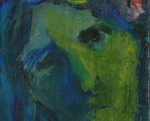 A work of art by female abstract expressionist Libbie Mark. Abstract painting of a face with green and blue tones, dark eyes, and hints of red and white in the upper right corner. The style is expressive and textured.