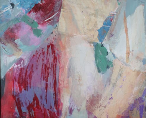 A work of art by female abstract expressionist Libbie Mark. Abstract painting featuring bold, layered brushstrokes in red, blue, pink, green, and beige tones on a textured surface.