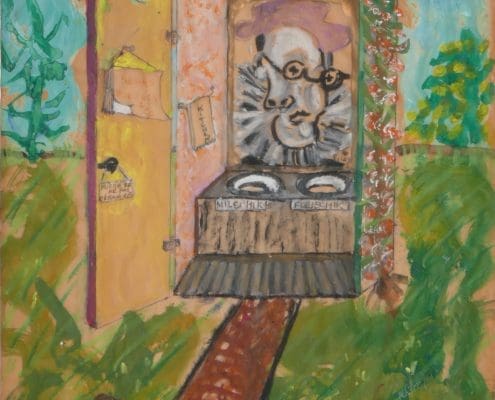 A work of art by female abstract expressionist Libbie Mark. A painted outdoor scene showing an open upright refrigerator with abstract faces inside, labeled "MILCH" and "FLEISCH," set in a grassy area with a small dog and trees nearby.