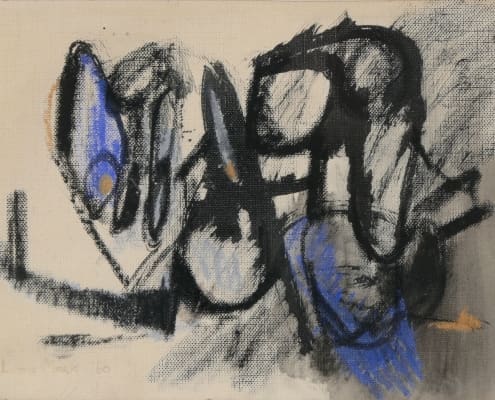 A work of art by female abstract expressionist Libbie Mark. Abstract artwork featuring bold black and blue shapes with hints of orange, sketched and shaded on a neutral background. The style appears expressive and dynamic.