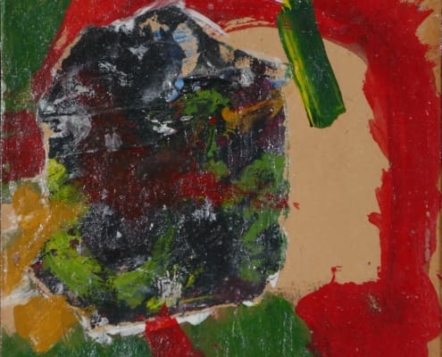 A work of art by female abstract expressionist Libbie Mark. Abstract painting featuring bold red, green, yellow, and black brushstrokes on a tan background, with a thick, rough central area and a green rectangular mark near the top right.