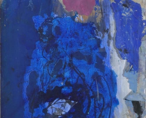 A work of art by female abstract expressionist Libbie Mark. Abstract painting with dominant blue tones, irregular brushstrokes, and a central eye-like shape; accents of pink, white, and brown appear in the background.