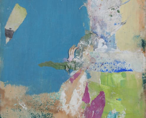 A work of art by female abstract expressionist Libbie Mark. Abstract painting featuring a large blue shape, textured patches of green, purple, and white, with rough brushstrokes and layered paint on a worn surface.