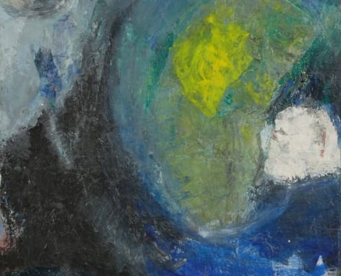 A work of art by female abstract expressionist Libbie Mark. Abstract painting featuring swirling blue, green, and black tones with a central yellow and green circular form and white accents. "Libbie Mark '63" is signed at the bottom right.
