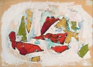 A work of art by female abstract expressionist Libbie Mark. Abstract painting featuring bold red, green, yellow, and white textured shapes on a beige and white background with visible brushstrokes.