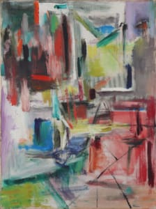A work of art by female abstract expressionist Libbie Mark. Abstract painting with bold, multicolored brushstrokes in red, green, blue, yellow, and black, creating overlapping shapes and dynamic movement across the canvas.
