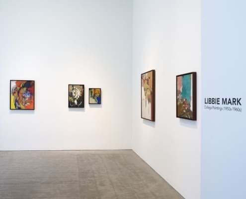Installation View © Roz Akin, Courtesy Berry Campbell, New York A view of a gallery showing two white walls perpendicular to one another with five paintings, and a hardwood floor.