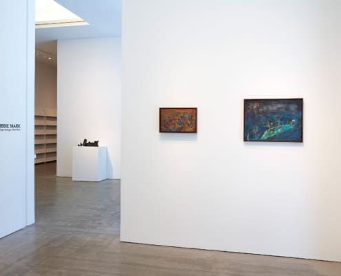 Installation View © Roz Akin, Courtesy Berry Campbell, New York A view of a gallery with white walls and two paintings, and a hardwood floor.