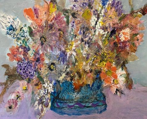 A work of art by female abstract expressionist Libbie Mark. A colorful, abstract painting of a large bouquet of flowers in a blue vase on a purple surface, with vivid pinks, purples, oranges, and yellows blending together.