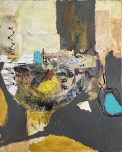 A work of art by female abstract expressionist Libbie Mark. Abstract mixed-media painting with textured layers, featuring earthy tones, yellow and grey areas, and turquoise shapes on a mostly neutral background.