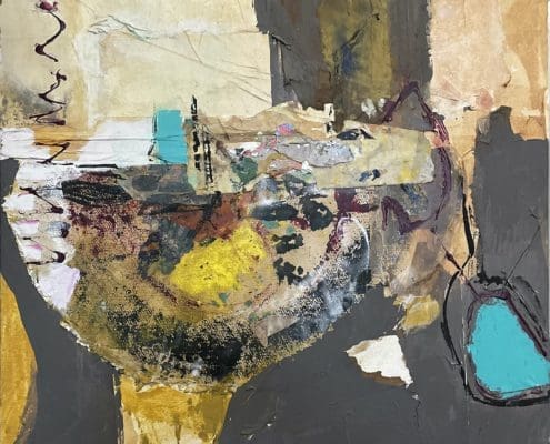 A work of art by female abstract expressionist Libbie Mark. Abstract mixed-media painting with textured layers, featuring earthy tones, yellow and grey areas, and turquoise shapes on a mostly neutral background.