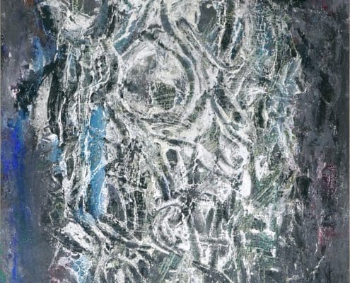 A work of art by female abstract expressionist Libbie Mark. Abstract painting with layered white, blue, and gray textured lines and shapes on a dark, multicolored background; artist’s signature visible in the bottom right corner.