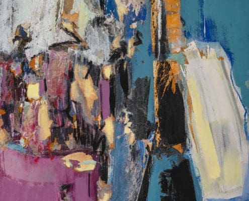 A work of art by female abstract expressionist Libbie Mark. An abstract painting featuring bold brushstrokes in blue, pink, yellow, and black, with textured shapes suggesting a seated figure beside an easel or large canvas.
