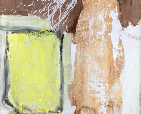 A work of art by female abstract expressionist Libbie Mark. Abstract painting with a brown swath on the right, a yellow square with drips on the left, and white and beige textured brushstrokes throughout.