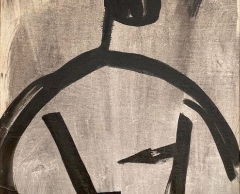 A work of art by female abstract expressionist Libbie Mark. Abstract black brushstroke figure on a gray textured background, resembling a stylized human form with angular lines and a square head.