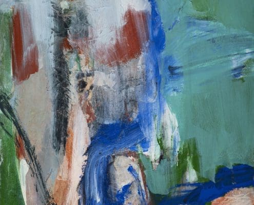 A work of art by female abstract expressionist Libbie Mark. Abstract painting with broad brushstrokes in blue, green, rust, black, and white, creating a layered, textured composition without clear representational forms.