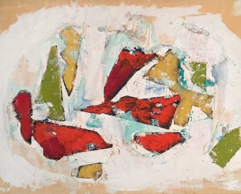 A work of art by female abstract expressionist Libbie Mark. Abstract painting with bold red, green, and yellow shapes on a textured white and beige background. The composition features rough, overlapping forms and visible brushstrokes.