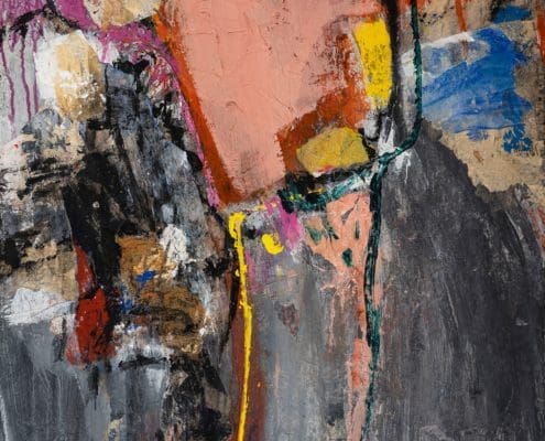 A work of art by female abstract expressionist Libbie Mark. Abstract painting with bold brushstrokes, featuring a large pink shape in the center, surrounded by black, white, yellow, and splashes of blue and orange on a textured background.