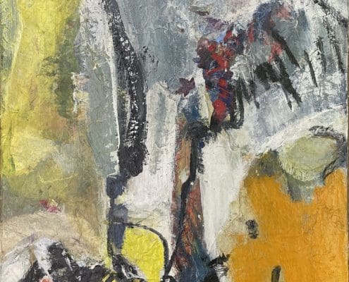 A work of art by female abstract expressionist Libbie Mark. Abstract painting featuring bold yellow, orange, gray, and black shapes with textured and layered brushstrokes against a light, uneven background.