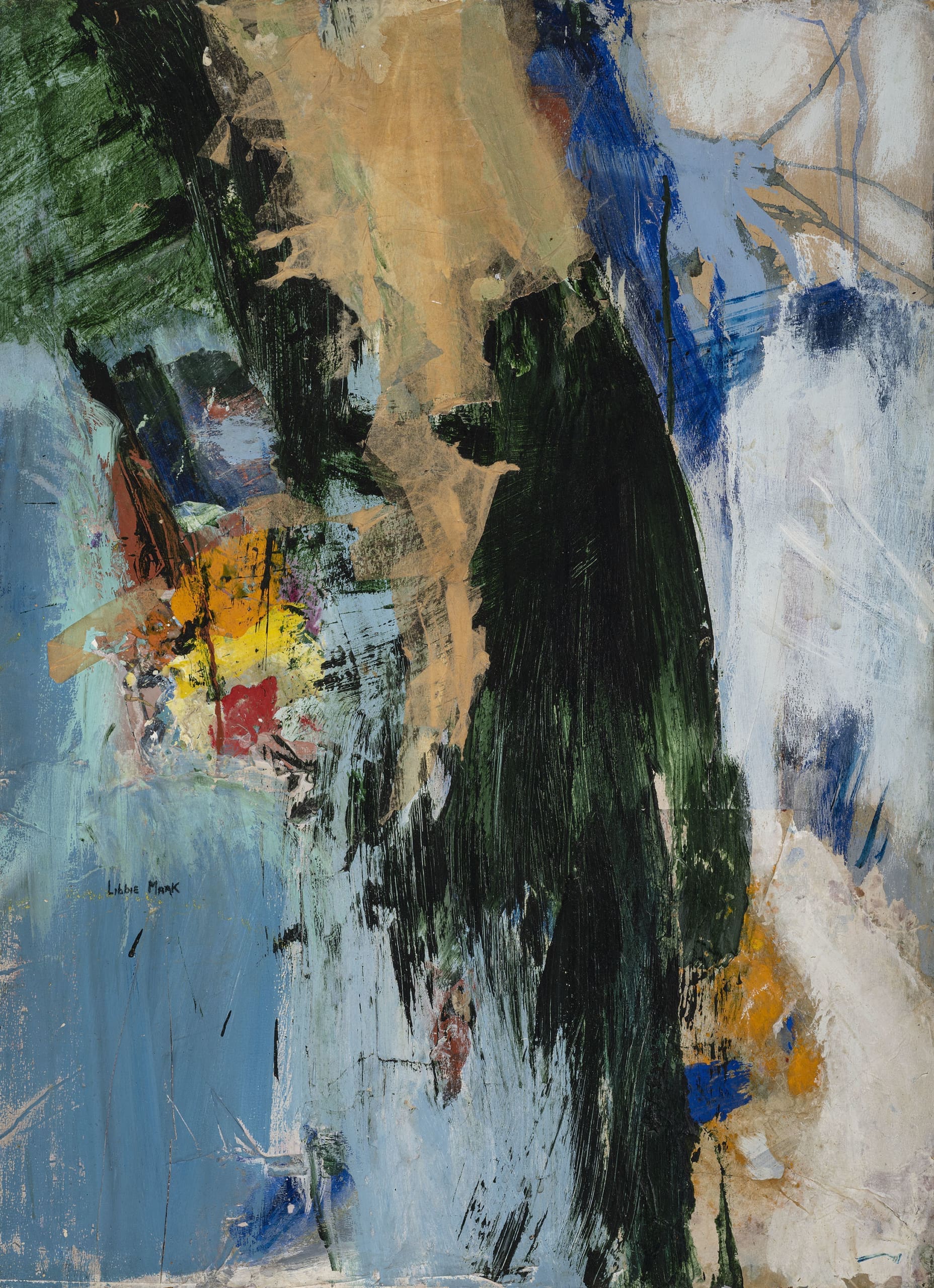 A work of art by female abstract expressionist Libbie Mark. Abstract painting featuring bold brushstrokes in black, beige, blue, and yellow, with layered textures and intersecting colors creating a dynamic composition.