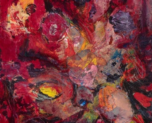 A work of art by female abstract expressionist Libbie Mark. Abstract painting with bold red, yellow, pink, and purple tones; layered textures and brush strokes create a chaotic, dynamic composition with no clear subject.