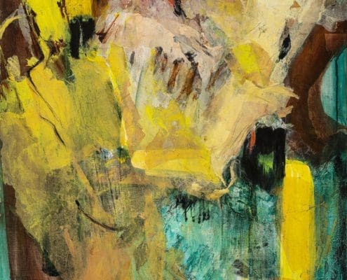 Abstract expressionist painting featuring bold yellow, brown, and turquoise brushstrokes with layered textures and dynamic shapes throughout the composition, created by female artist Libbie Mark.