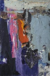 Untitled Collage Painting, 1965 Vertically-oriented, abstract painting made with acrylic and paper collage with a stretch of black paint at the left, pink, orange, and purple swaths of color in the center, and a grey-blue area of color at the right
