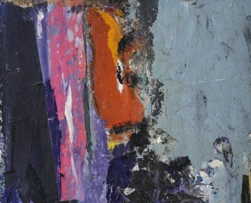 A work of art by female abstract expressionist Libbie Mark. Abstract painting featuring bold textured strokes in shades of blue, purple, pink, orange, black, and white, with layered and overlapping shapes across the canvas.