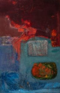 A work of art by female abstract expressionist Libbie Mark. Abstract painting with textured red, blue, and green shapes. A bold red form dominates the upper center, while blue and green areas fill the lower half. Dated 1962 at the bottom.