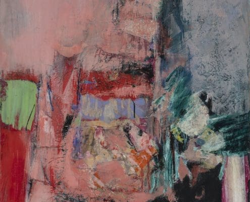 A work of art by female abstract expressionist Libbie Mark. Abstract painting with layered brushstrokes in red, pink, green, black, and gray tones, creating a textured and fragmented composition.