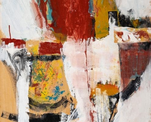 A work of art by female abstract expressionist Libbie Mark. Abstract painting featuring bold red, yellow, black, and white brushstrokes layered and blended across the canvas, creating a dynamic and textured composition.
