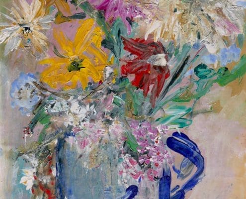 A work of art by female abstract expressionist Libbie Mark. A colorful, loosely painted bouquet of flowers arranged in a transparent jug with a blue handle, set against a soft, abstract background.