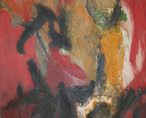 A work of art by female abstract expressionist Libbie Mark. Abstract painting with bold red, orange, and black brushstrokes; an irregular yellow shape dominates the center; textured surface; signed "Liber Mark 62" in the bottom left corner.