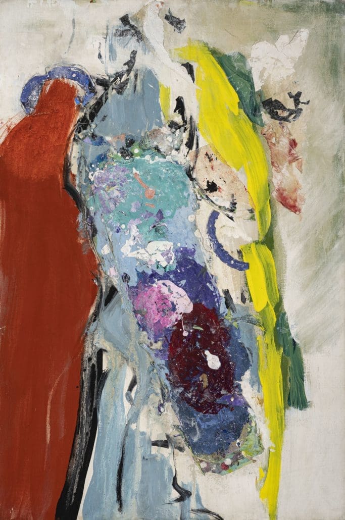A work of art by female abstract expressionist Libbie Mark. Abstract painting featuring bold swaths of red, yellow, blue, and white, with textured paint layers and overlapping colors on a neutral background.