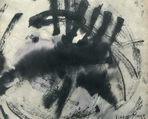 A work of art by female abstract expressionist Libbie Mark. Black ink abstract brushstrokes and splatters on textured paper, with the artist's signature "Libbes Mark 62" in the lower right corner.